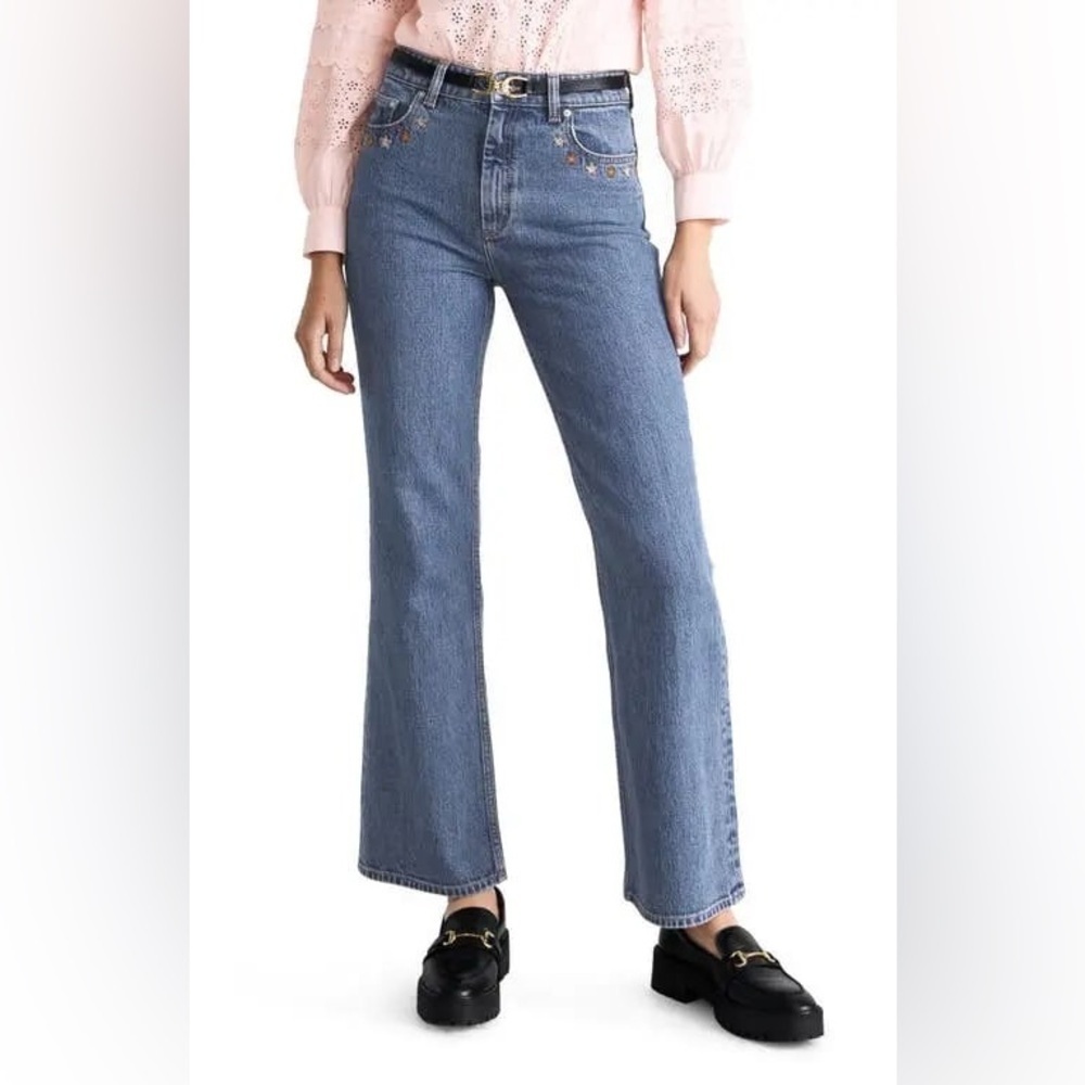 NWT & Other Stories Flower Embroidered High Waist Cropped Flare Leg Jeans size 6